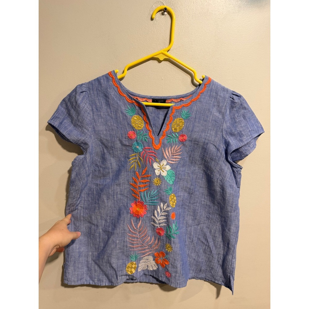 Talbots Petite Blue Linen Blend Tropical Pineapple Embroidered Top MP Blouse